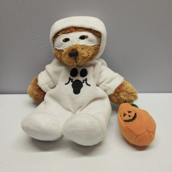 Rare Plushland 2006 Halloween Teddy Bear Ghost Costume Mask Pumpkin Small Plush - Picture 1 of 12